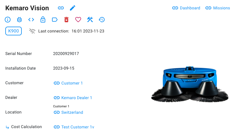 Blue cleaning robot on the right next to information about the robot, such as serial number and person buying. The recording is from the web and mobile application SWARM.