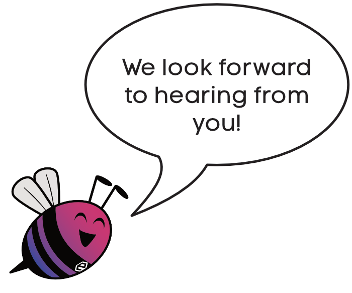 A comic bee with a blue to pink gradient and an earlybyte logo on the chest that says in English: “We're happy to hear from you.”