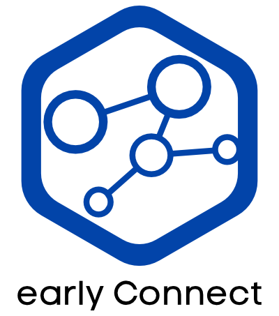 Logo zum Service Early Connect. Blaues Hexagon mit Kreisen in der Mitte, die miteinander verbunden sind.