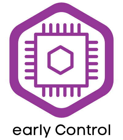 Service Early Control Logo. Hellviolettes Hexagon mit einem gezeichneten Computerchip in der Mitte.