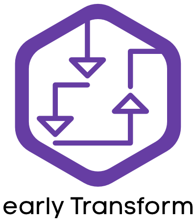 Logo zum Service Early Transform. Violettes Hexagon mit drei Pfeilen innendrin, welche einen einseitigen Weg zeichnen.