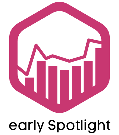 Logo zum Service Early Spotlight. Pinkes Hexagon. In der Mitte ein Säulendiagramm mit einer Linie oberhalb.