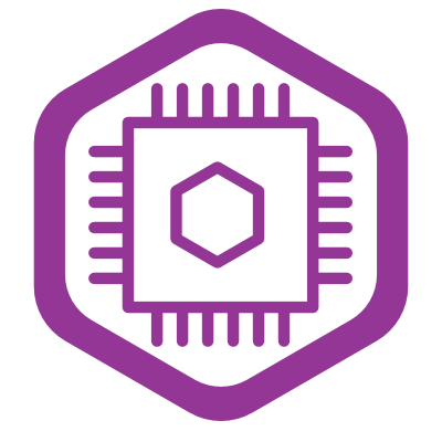 Service Early Control Logo. Hellviolettes Hexagon mit einem gezeichneten Computerchip in der Mitte.