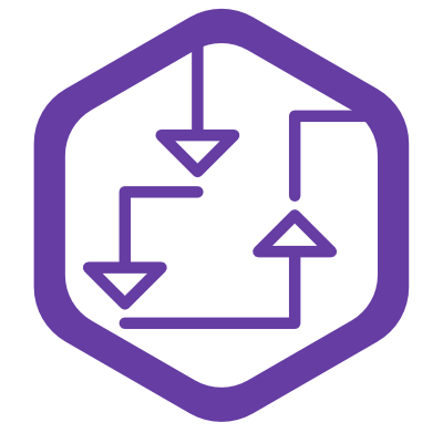 Service Early Transform Logo. Violettes Hexagon mit drei Pfeilen innendrin, welche einen einseitigen Weg zeichnen.