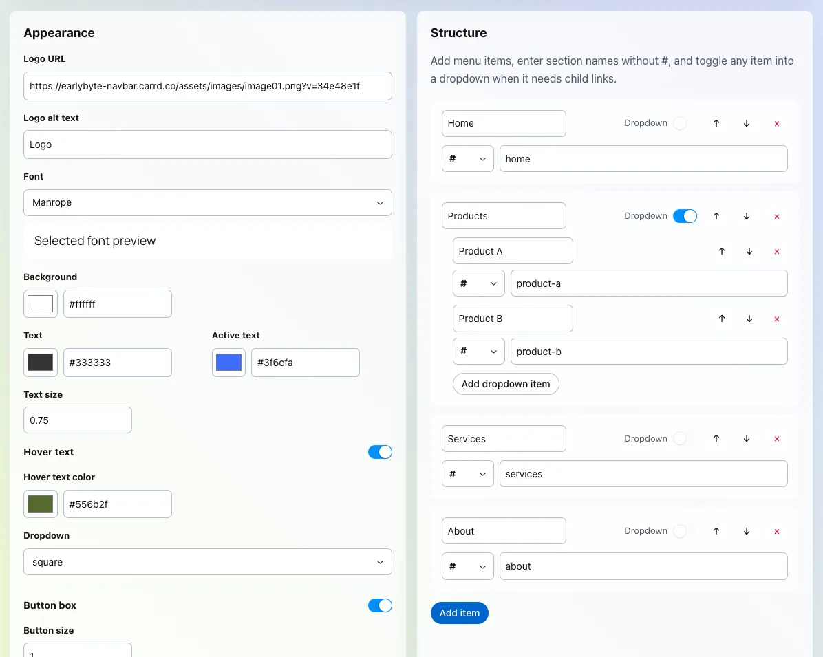Earlybyte Navbar Builder Menü