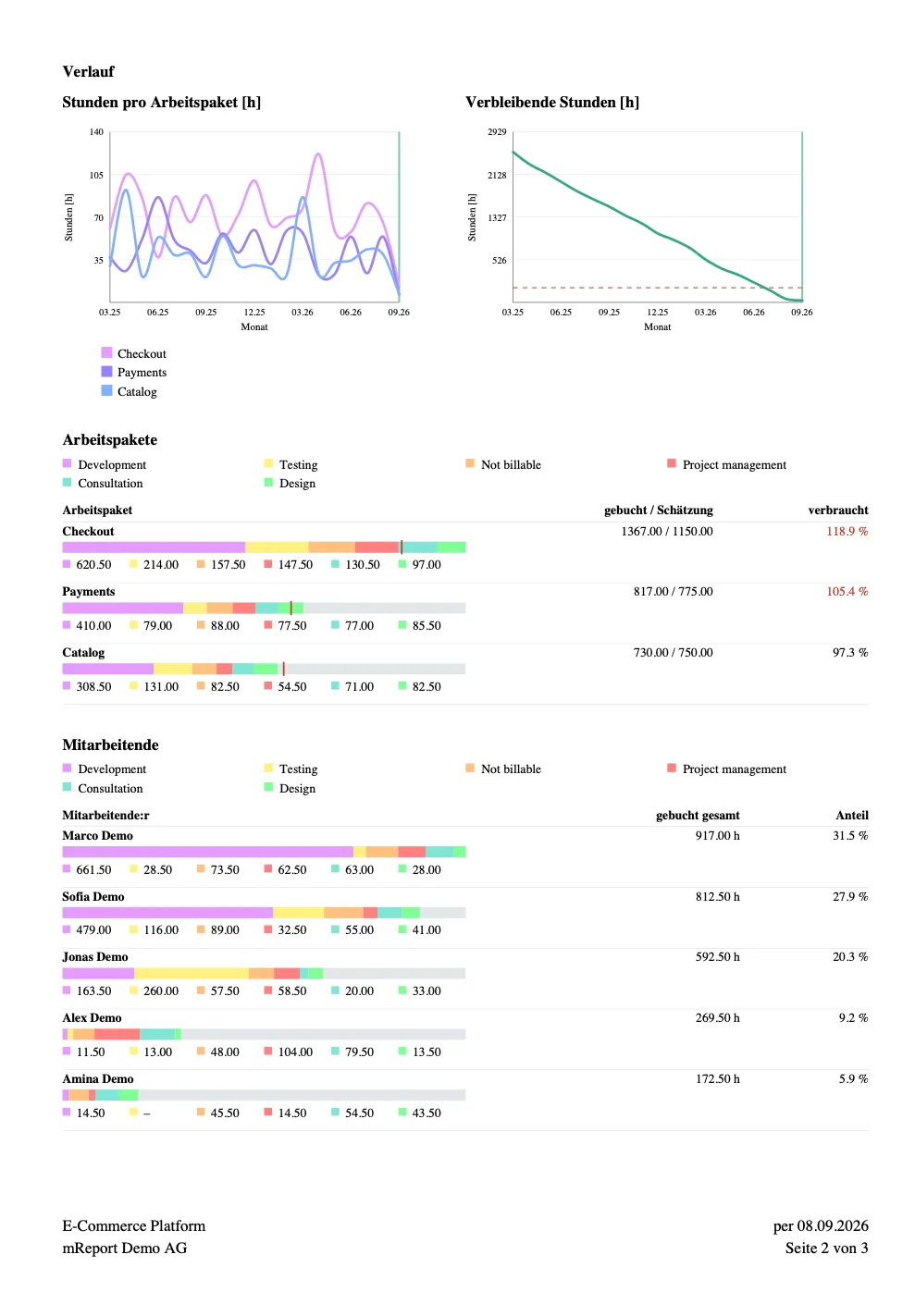 Seite eines mReport Projekt-Rapports als PDF mit Verlauf, Arbeitspaketen und Auswertung pro Mitarbeitenden