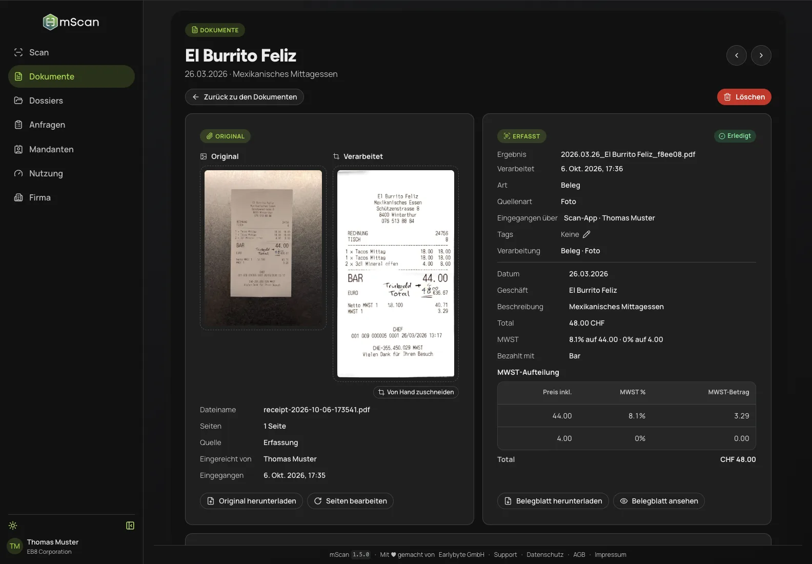 mScan Dokumentansicht: Originalfoto eines Restaurantbelegs, der zugeschnittene Scan und die ausgelesenen Daten mit MWST-Aufteilung