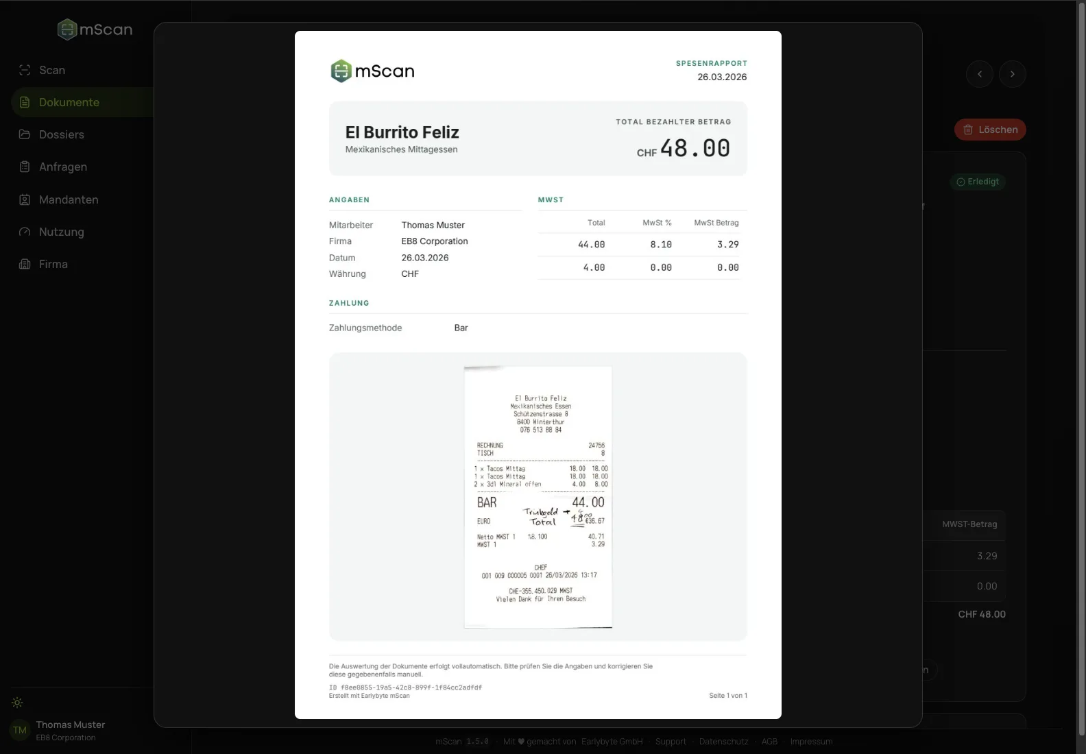 mScan Belegblatt als PDF mit Total, MWST-Aufteilung, Zahlungsmethode und dem abgebildeten Beleg