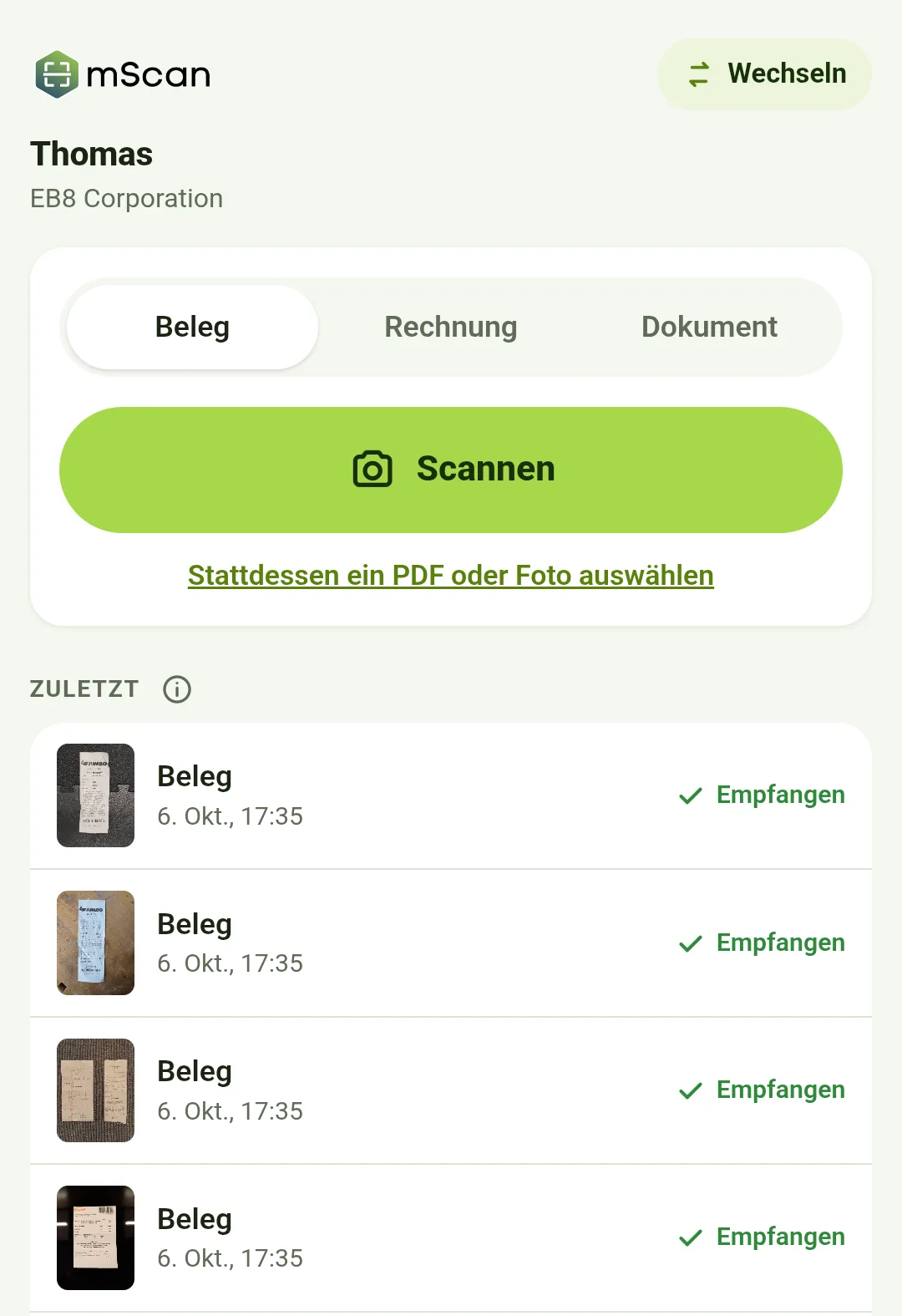 mScan Scan-App auf dem Handy mit der Auswahl Beleg, Rechnung oder Dokument und der Liste der zuletzt gesendeten Belege