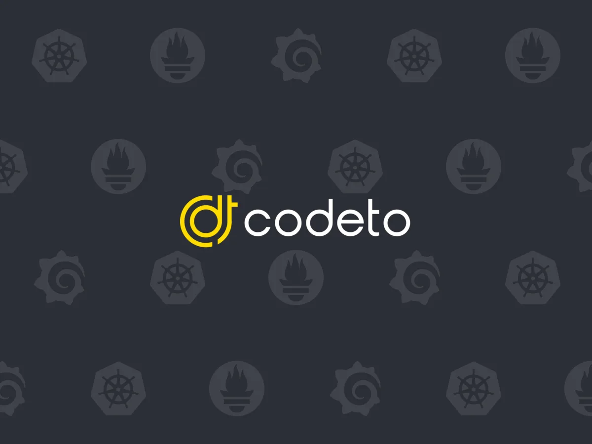 codeto Logo auf anthrazitfarbenem Hintergrund mit Kubernetes-, Helm- und Docker-Symbolen