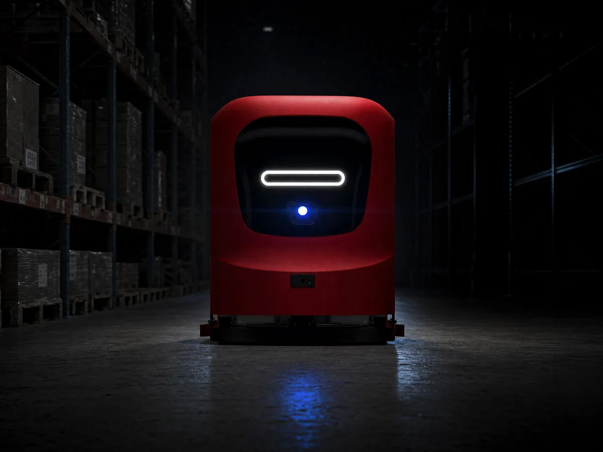 Cleanfix RA660 Navi XL Gen2 Reinigungsroboter im abgedunkelten Lager