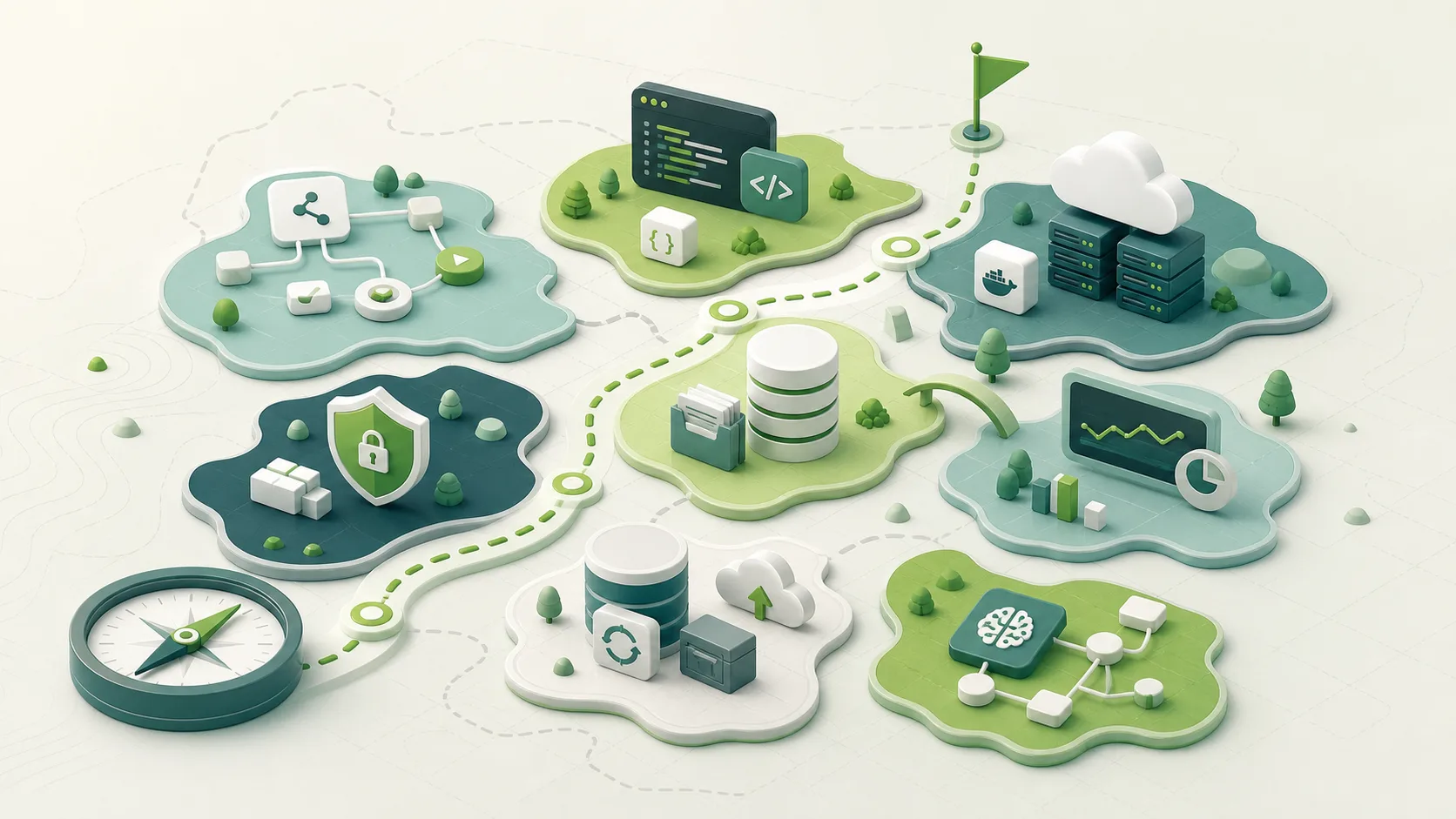 Tool-Landkarte für KMU-IT Isometrische Tool-Landkarte für Automatisierung, Infrastruktur, Daten, Sicherheit, Monitoring und AI